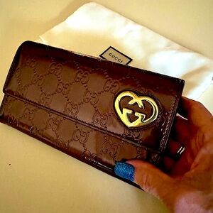 Gucci Lovely Heart Bordeaux Leather Long Wallet + dusty Guccissima GG Au…